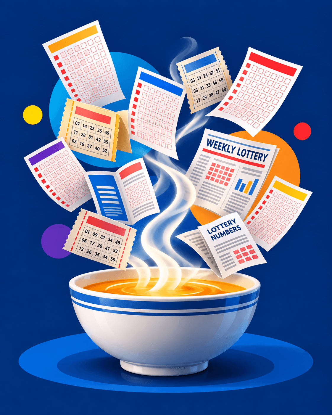 Lottery tickets, number slips, and pamphlets rising from a fresh bowl of lottery information